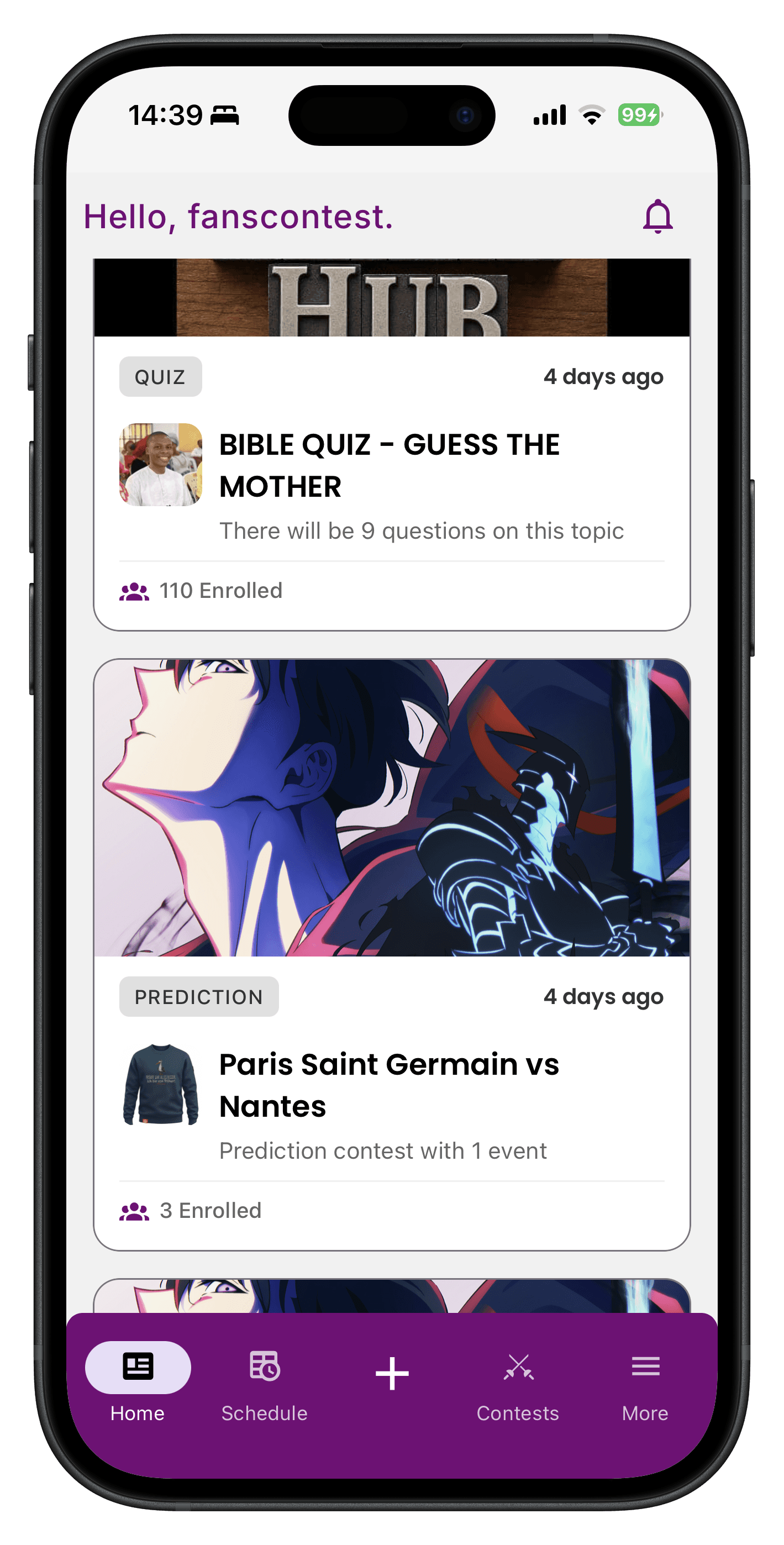 Fans Contest home feed showing quiz and prediction contests